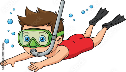 Swimming, cartoon, underwater, snorkel, vector, child, fins, bubbles, red swimsuit, mask, diving, fun, adventure, motion, character, isolated, illustration, water, stock image, activity