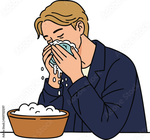 Man washing face with water and foam cleansing in bowl personal hygiene routine vector illustration 