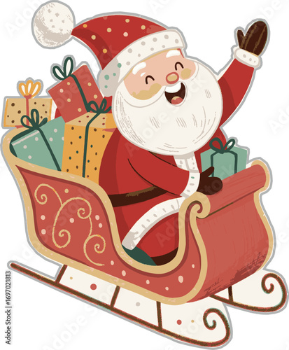 santa riding sleigh sticker vector.