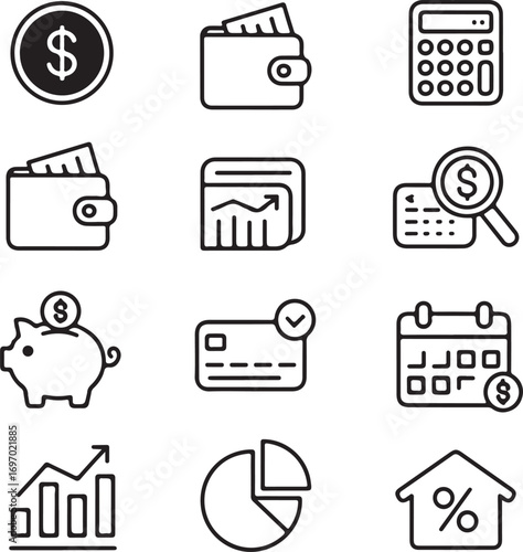 Set of financial icons including coin wallet calculator piggy bank credit card and charts