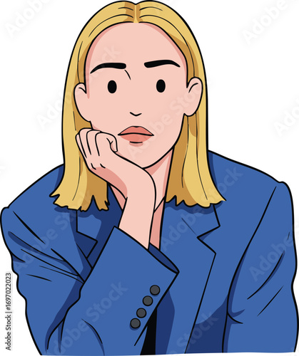 Woman with blonde hair wearing blue blazer resting chin on hand thoughtful expression vector illustration 