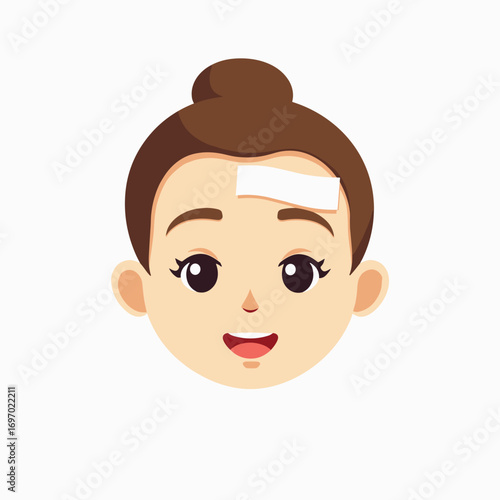 Girl with bandaged cut on forehead smiling in cartoon style  
