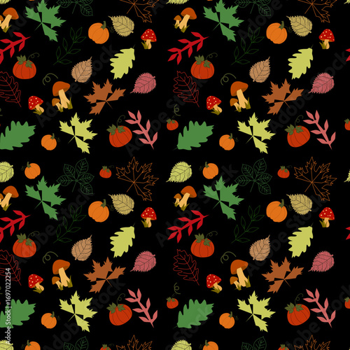 Pattern autunnale con foglie, zucche e funghi su sfondo nero