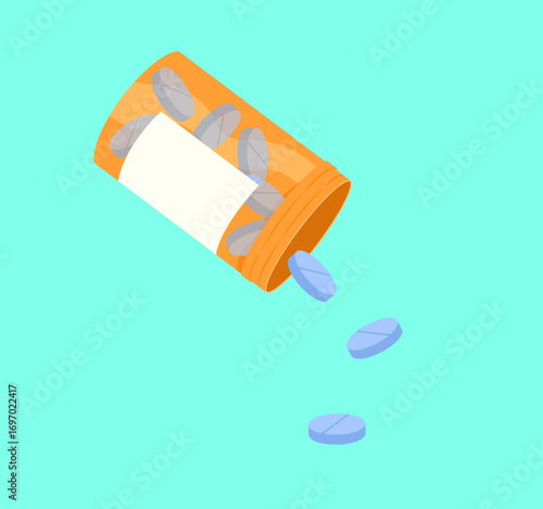 Blue tablet pills are falling from orange medication bottle isolated on green background. Flat vector illustration of medicine, health care, paitent treatment, drug, medical care, sickness, illness.