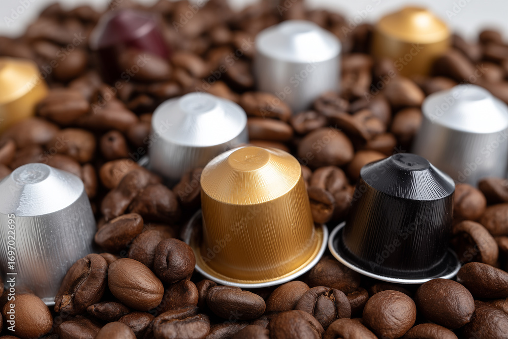 Fototapeta premium Coffee capsules nestled among roasted coffee beans on a light surface