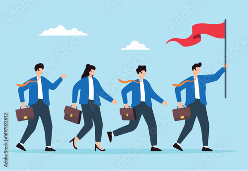 Flat illustration of businessman leader holds winner flag leading team toward success and motivation