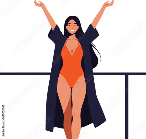 Woman in orange swimsuit and dark robe standing with raised arms happy summer lifestyle vector illustration 