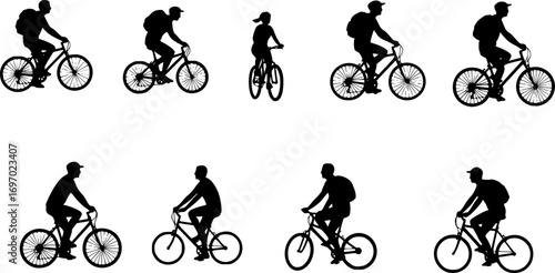 people riding bicycle silhouette set on white background, vector
