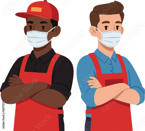 Two male workers wearing face masks and red aprons standing with crossed arms vector illustration 
