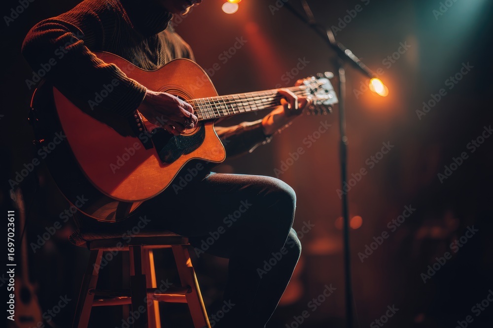 Obraz premium Musician plays acoustic guitar during an intimate live performance in a dimly lit venue at night