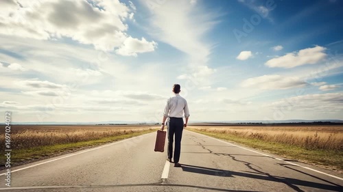 Businessman walking with briefcase on road with sky background showing opportunity. Opportunity for career success concept includes thoughtful employee on roadway under bright sunlight.
