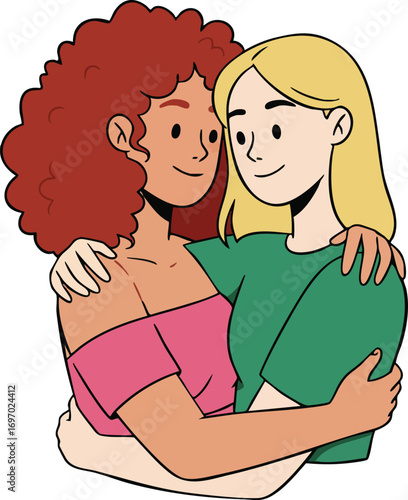 Two women embracing in warm hug symbolizing friendship and support with red and blonde hair natural colors 
