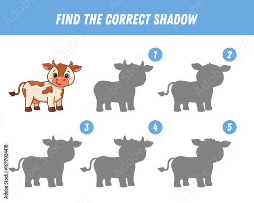 Find correct shadow of cute cartoon cow. Educational logical game for kids. Funny animal. Vector illustration