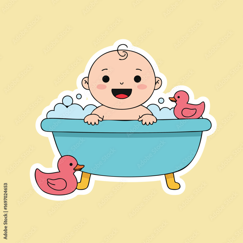 Naklejka premium Baby enjoying bath time in blue tub with pink rubber ducks adorable vector illustration