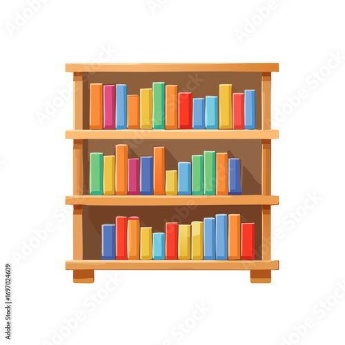A wooden bookshelf filled with colorful books, perfect for educational projects and design. The bookshelf is crafted from sturdy wood and filled with diverse colorful books.