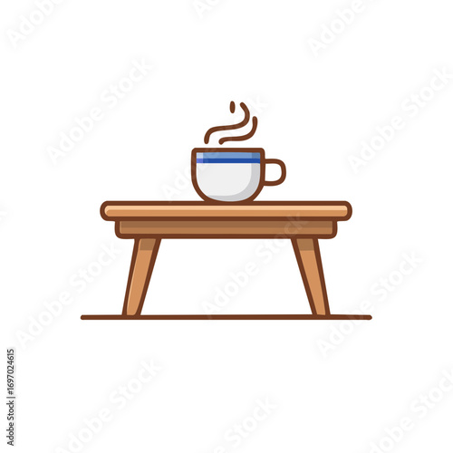 A steaming cup of coffee gracefully placed on a small, simple table. The image evokes a sense of warmth, comfort, and tranquility. The minimalist design highlights the essential elements.
