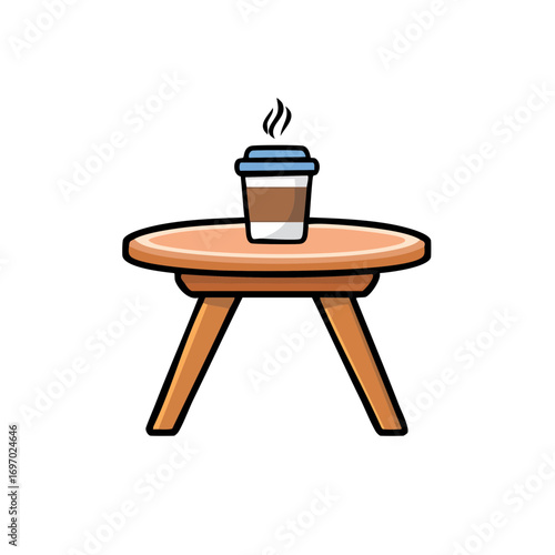 A steaming cup of coffee placed on a small wooden table. The design is clean and simple with the cup emitting steam