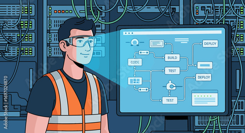 Man Monitors Server Room With Software Development Cycle Diagram