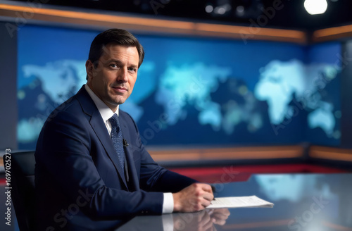 Male news anchor. Professional tv presenter. Journalist live broadcast. Television news reporter. Anchor delivering news.