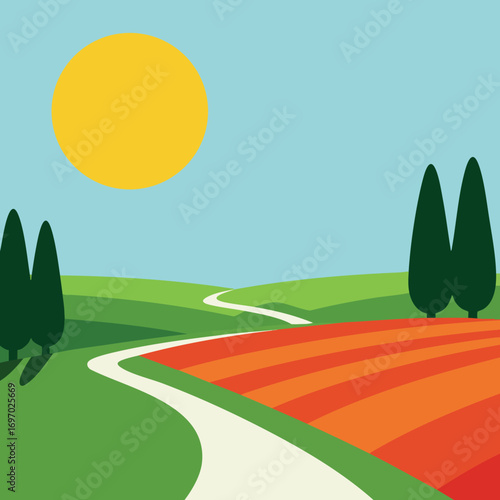 Landscape with winding path through green hills and orange farmland under large yellow sun vector illustration 