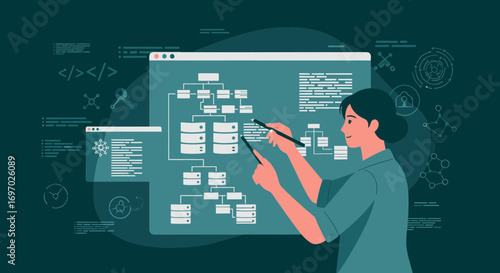 Woman Analyzing Complex System Architecture On Virtual Interface Illustration