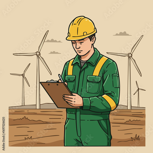 Engineer inspecting wind turbines renewable energy site in green uniform and yellow helmet vector illustration 
