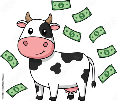 Cartoon cow surrounded by flying dollar bills symbolizing wealth and income generation in farming and dairy industry vector illustration 