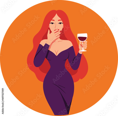 Woman with long red hair holding wine glass in purple dress vector illustration on orange background
