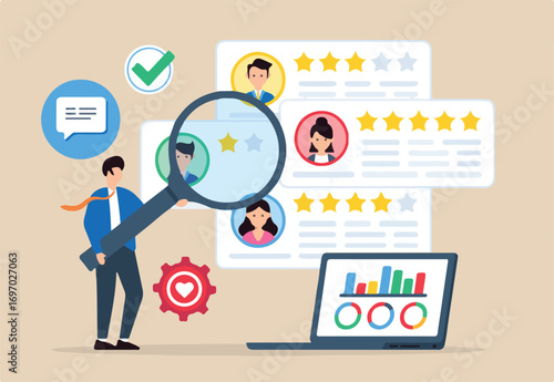Interpreting client reviews and surveys, improving products and services concept vector illustration. Business analyst analyzing customer feedback