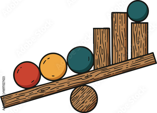 Wooden seesaw balancing colorful spheres and bars illustrating equilibrium and stability concepts in education and design 
