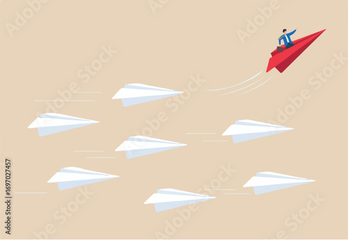 Flat illustration of businessman flying red paper plane in different direction to symbolize leadership innovation and thinking differently from the crowd