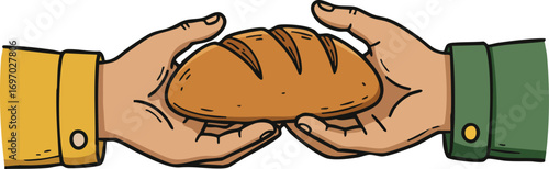 Hands Passing Freshly Baked Bread Symbolizing Sharing and Kindness Illustration Vector 