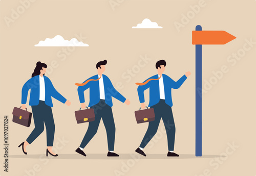 Flat illustration of business people walk in right direction toward signpost symbolizing guidance toward career success