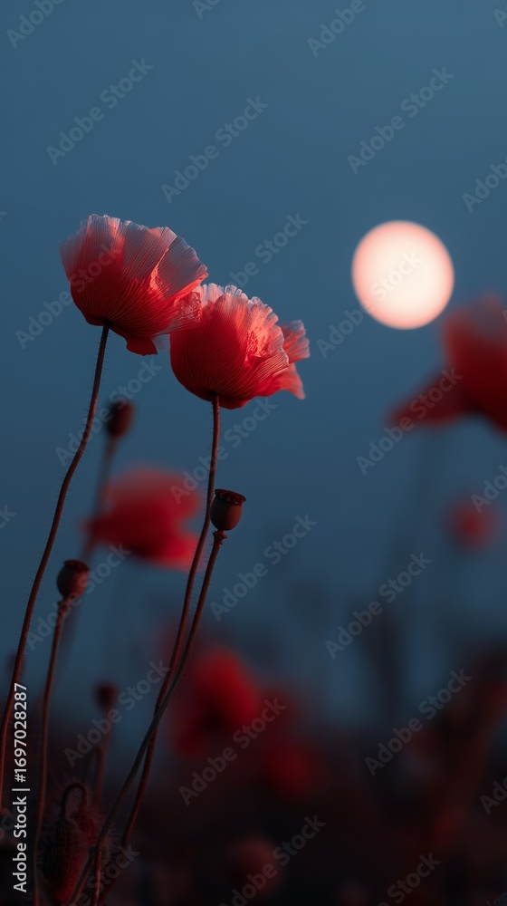 Obraz premium Vibrant red poppies silhouetted against a deep blue night sky with a glowing moon in the distance.