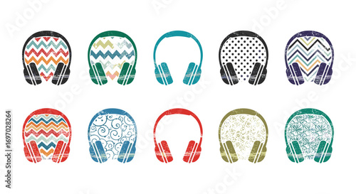 Collection of ten uniquely patterned and colored headphone illustrations