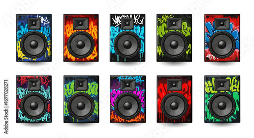 A collection of ten speakers decorated with colorful graffiti art style