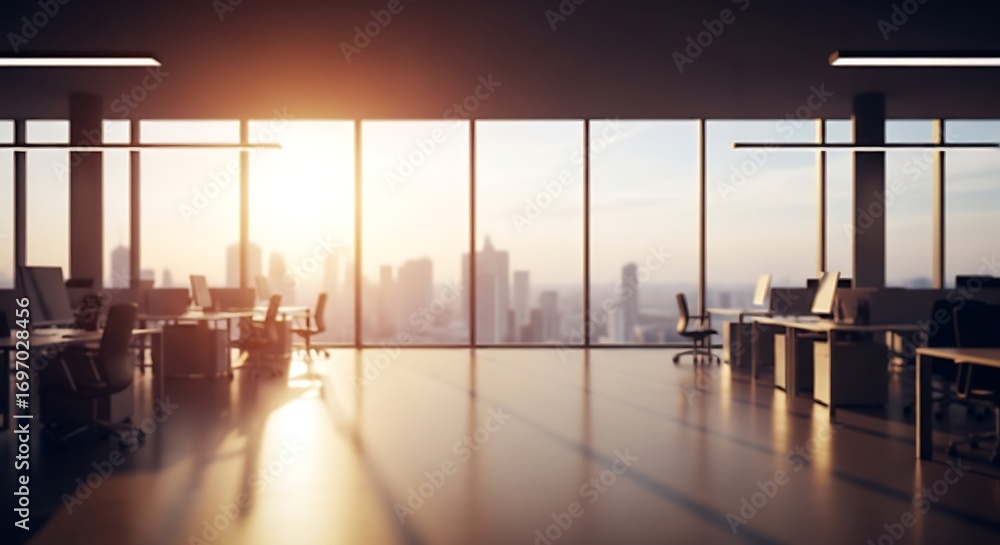 Obraz premium Modern Office Interior with City Skyline View at Sunset