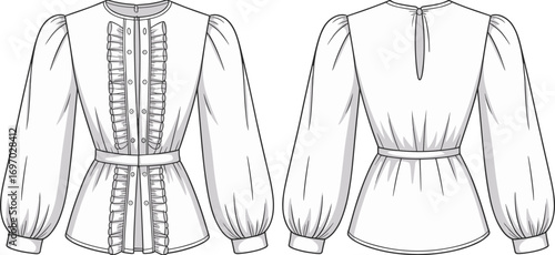 Women’s blouse fashion flat sketch, technical garment drawing, long sleeve ruffle shirt design, front and back view, apparel CAD illustration for pattern making