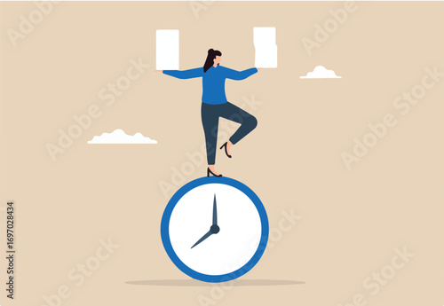 Flat illustration of productive woman balance on clock while managing task paper stack symbolizing time management and efficiency