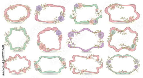 Collection of twelve decorative floral frames with pastel color scheme