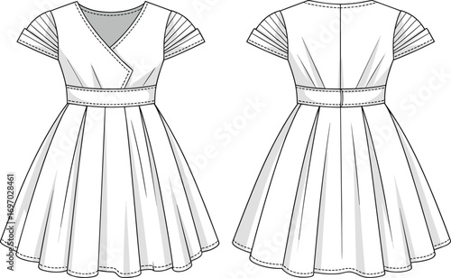 Technical fashion CAD drawing, flat vector illustration, front and back dress design, wrap V‑neckline, pleated sleeves, waistband, A‑line skirt, garment construction details