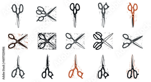 Collection of fifteen scissors illustrations in various orientations