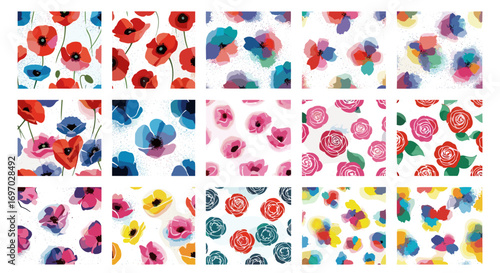 Assorted floral patterns with watercolor style in various color schemes