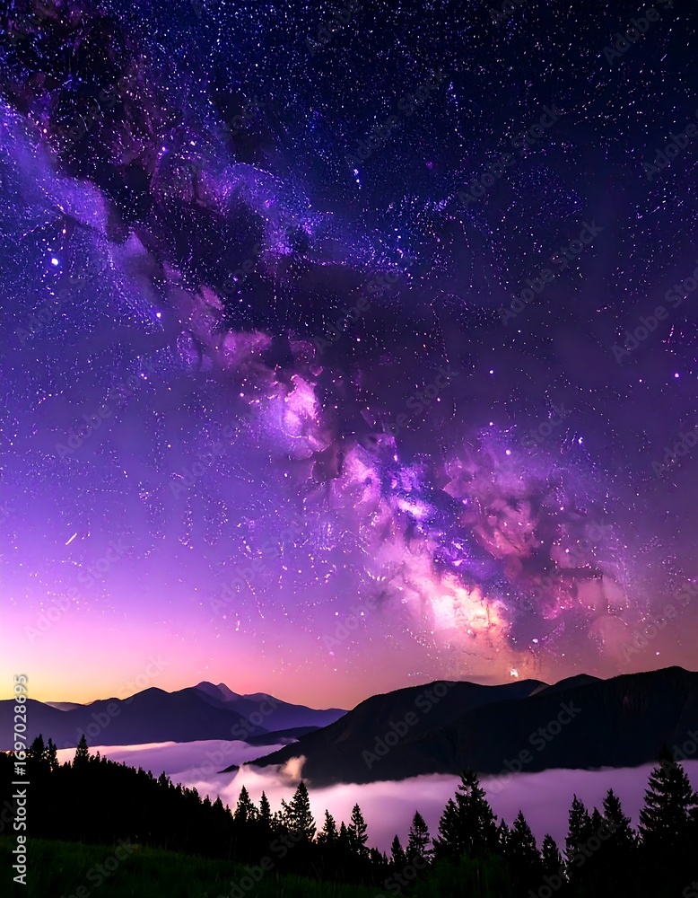 Fototapeta premium Night sky over misty mountains