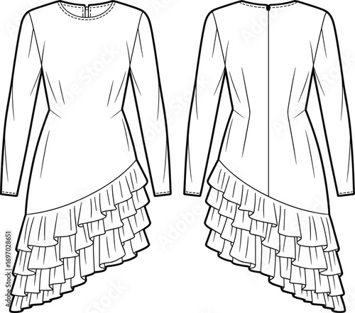 Asymmetrical ruffle layered long sleeve dress, front and back view, women’s fashion garment design, couture clothing illustration, elegant formal wear style