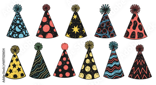 Illustration of ten party hats with various patterns and color schemes