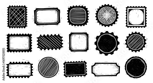 Collection of fifteen hand drawn postage stamp designs in black and white