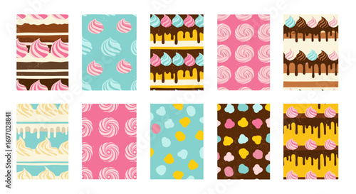 Ten decorative vertical panels featuring cake, frosting, and patterns