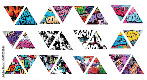 Arrangement of triangular graffiti segments in a repeating pattern art