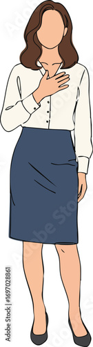 Woman standing with hand over heart wearing white blouse and blue skirt vector illustration 